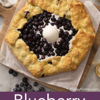 Vanilla ice cream melting into a blueberry galette.
