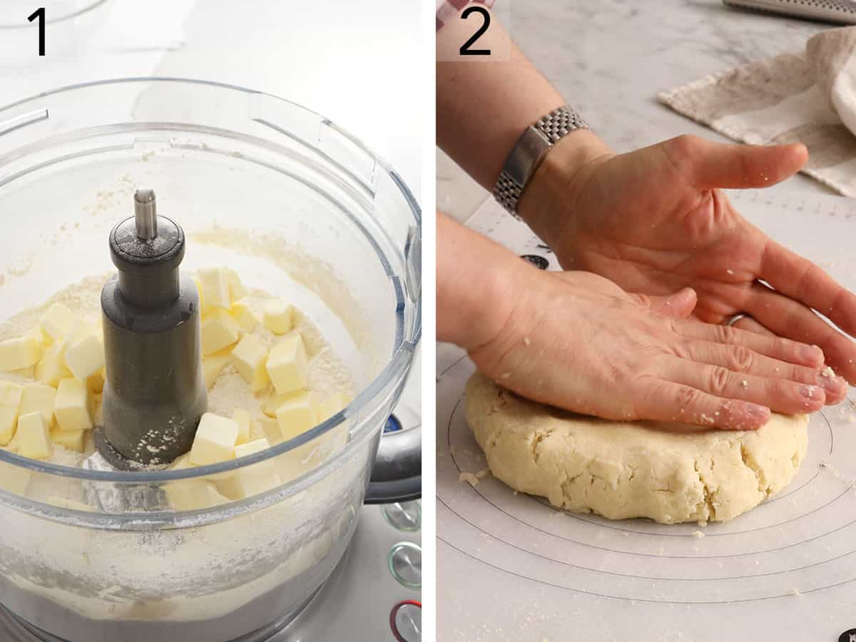 Pastry dough getting made in a food processor.