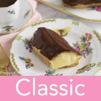 Pinterest graphic of an eclair on a floral plate with more in the background.