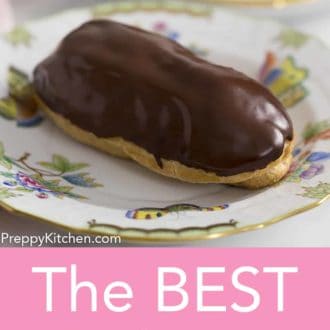 Pinterest graphic of an eclair on a floral plate.