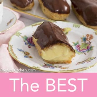 Pinterest graphic of an eclair on a floral plate showing the creamy interior.