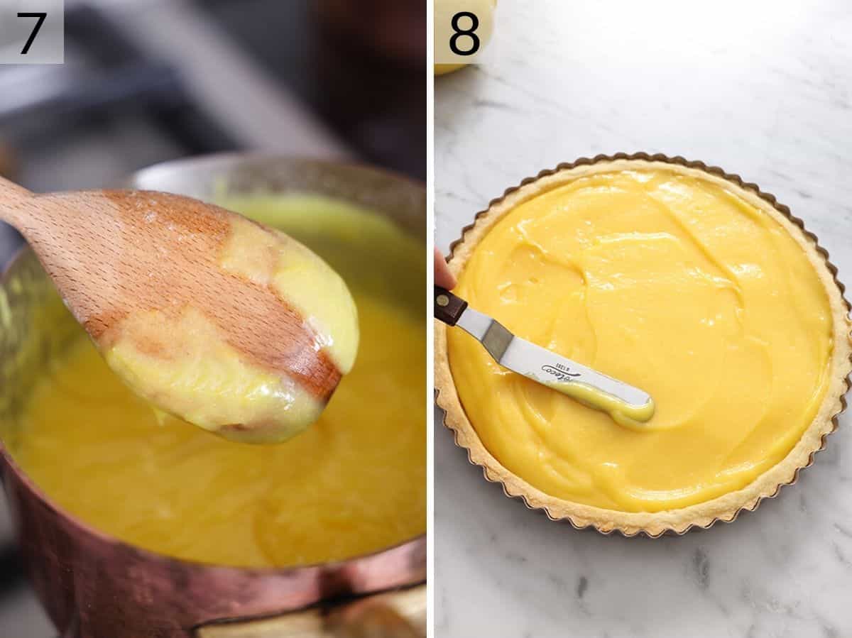 Two photos showing what lemon curd looks like when it's ready and filling a tart with it
