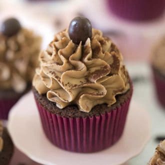 A chocolate cupcake on a pin stand topped with a ruffled dollop of mocha buttercream