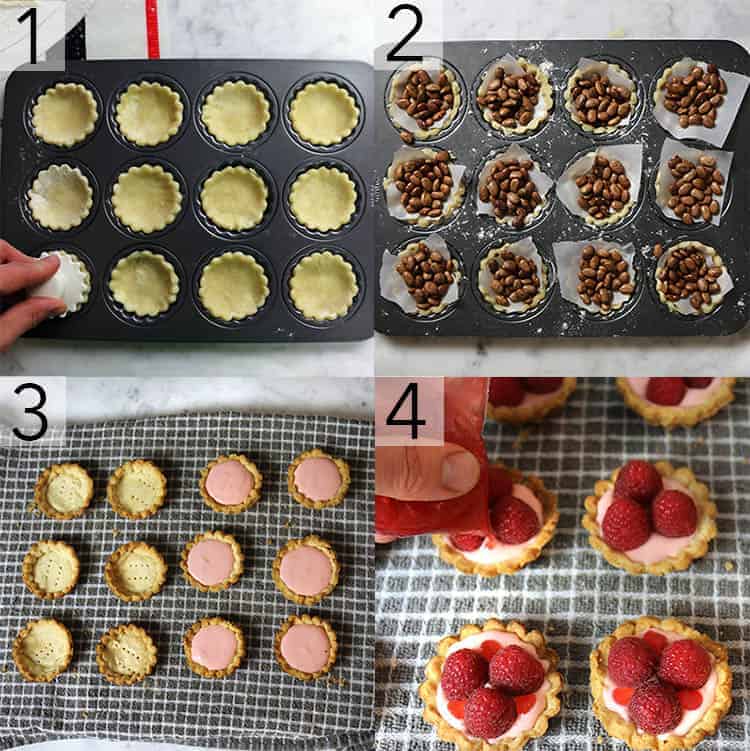 A photo collage showing the steps to make raspberry tarts