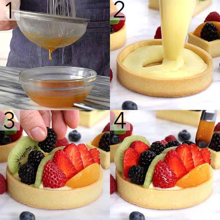 A photo grid showing the steps to assemble a fruit tart.