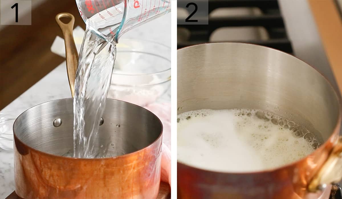 Set of two photos showing ingredients added and simmered in a saucepan.