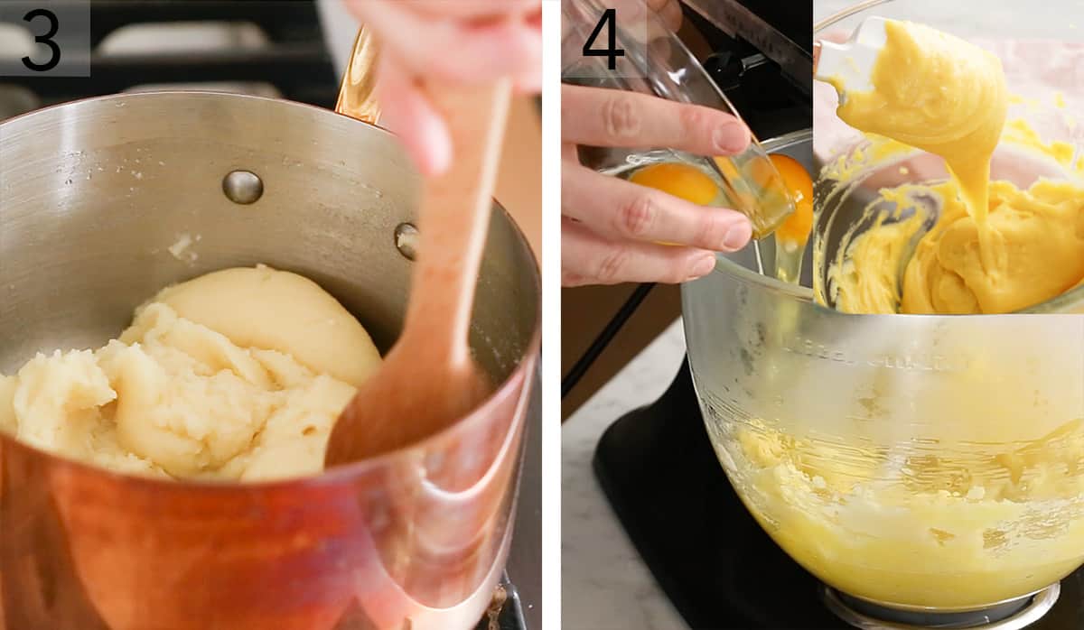 Set of two photos showing flour mixed into the batter than transferred to a mixer with eggs added.