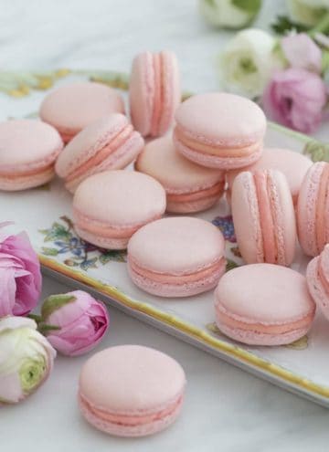 Pink french macarons on a painted porcelain plate with flowers