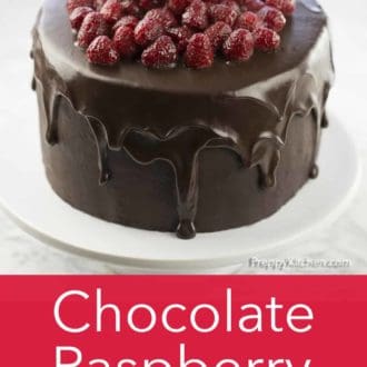 Pinterest graphic of a chocolate raspberry cake on a white cake stand.