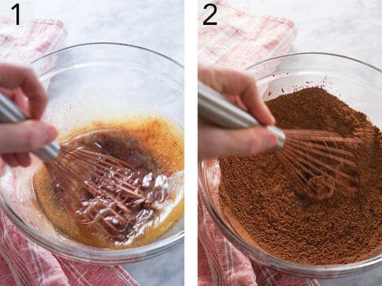 Cheesecake brownie batter being mixed in a bowl.