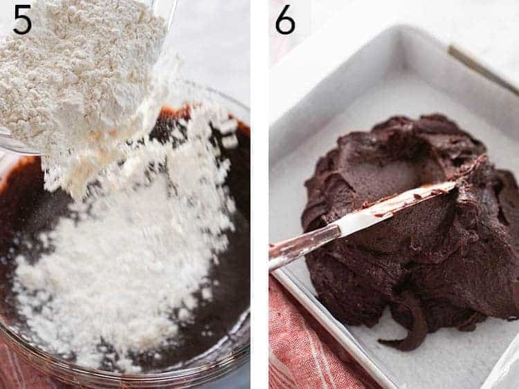 Cheesecake brownie batter being smoothed into a pan.