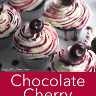 Pinterest graphic of chocolate cherry cupcakes on a white marble counter.