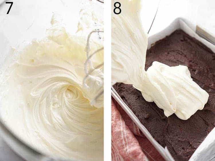 Cheesecake topping being spread onto a brownie. brownie