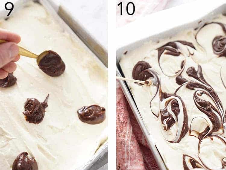Cheesecake brownie batter being swirled with a skewer.