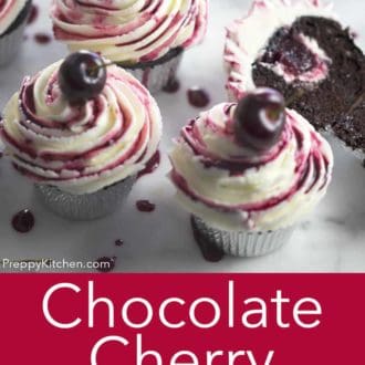 Pinterest graphic of chocolate cherry cupcakes on a white marble counter.
