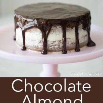two layer chocolate almond cake with chocolate drip on a pink cake stand