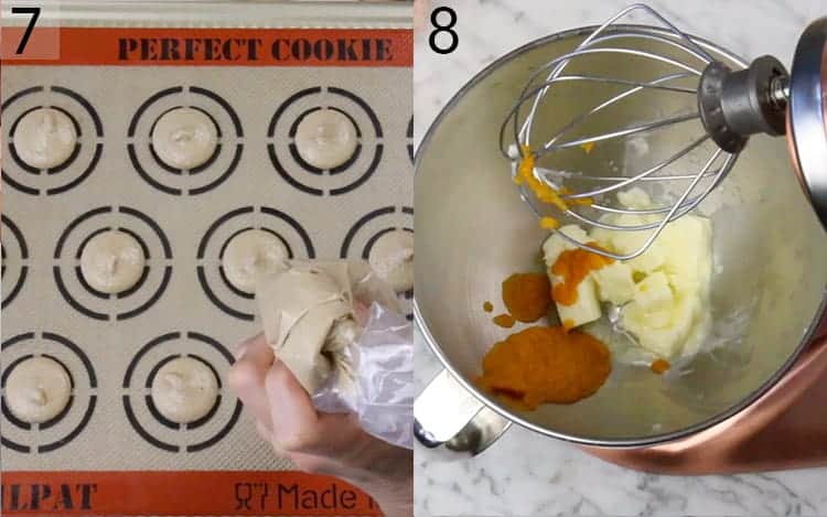 Two photos showing pumpkin macarons being piped and pumpkin buttercream being made.