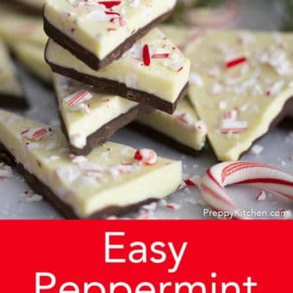 Pinterest graphic of a stack of peppermint bark with some candy canes around it.