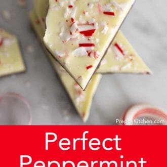 Pinterest graphic of an overhead view of a stack of peppermint bark.