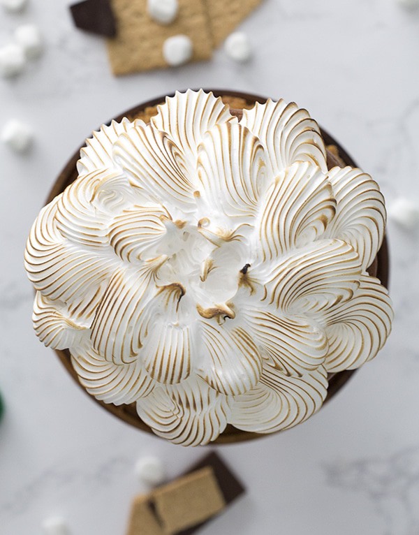 A top-down photo of a s'mores cake showing all the toasted marshmallow fluff.