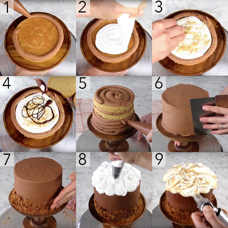 A photo showing steps on how to make a s'mores cake