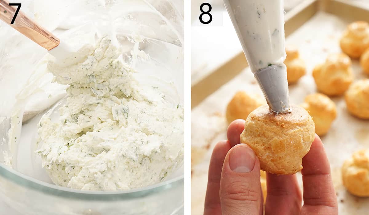 Cheese puffs getting filled with a goat cheese filling.