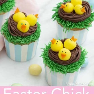 Pinterest graphic of three Easter chicks in nest cupcakes.