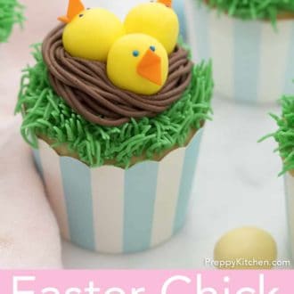 Pinterest graphic of an Easter chicks in nest cupcakes.