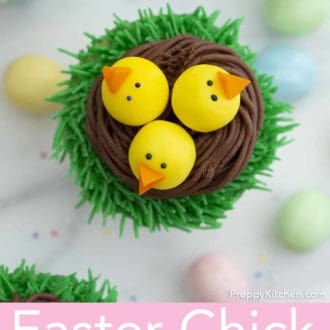 Pinterest graphic of an overhead view of a Easter chick in nests cupcake with three little chicks.