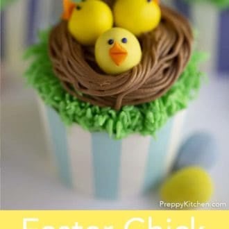Pinterest graphic of an Easter chick cupcake with three little chicks on top.