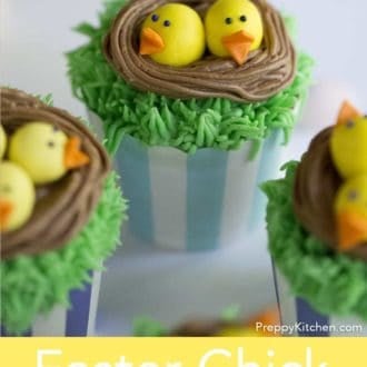Pinterest graphic of an Easter chick cupcake with two little chicks with two more cupcakes off to the side.
