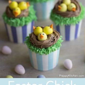 Pinterest graphic of four Easter chick cupcakes with mini chocolate eggs in front.