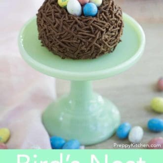 birds nest easter cake on a cake stand