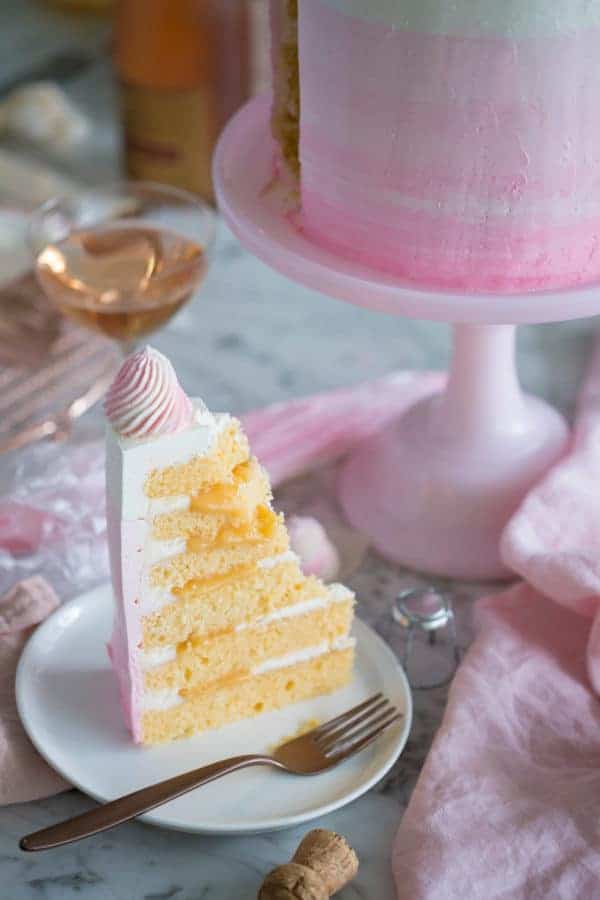 A photo showing a partially eaten piece of pink champagne cake