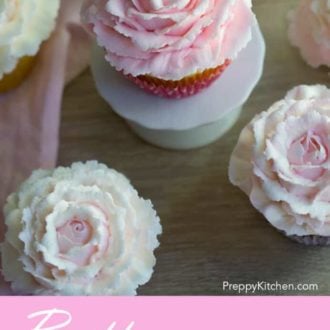 Pinterest graphic of several buttercream rose cupcakes.