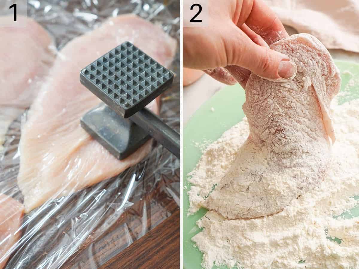 Set of two photos showing poultry pounded with a mallet then coated in flour.