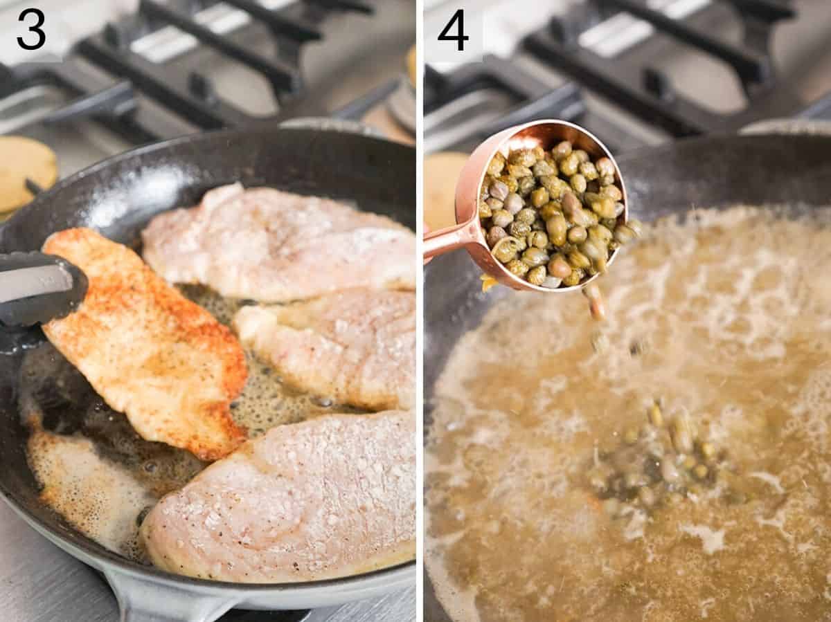 Set of two photos showing chicken pan fried and capers added to a sauce.