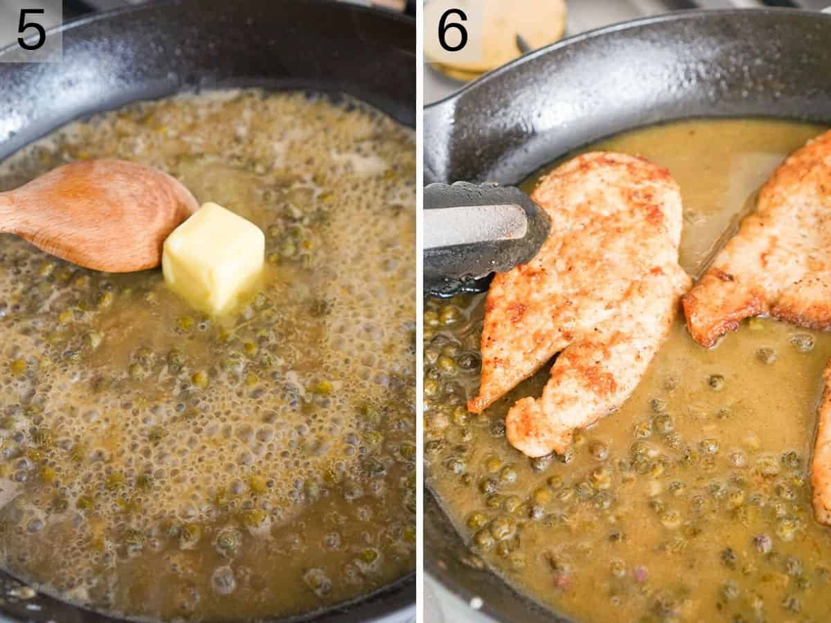 Set of two photos showing butter and chicken added to a skillet.
