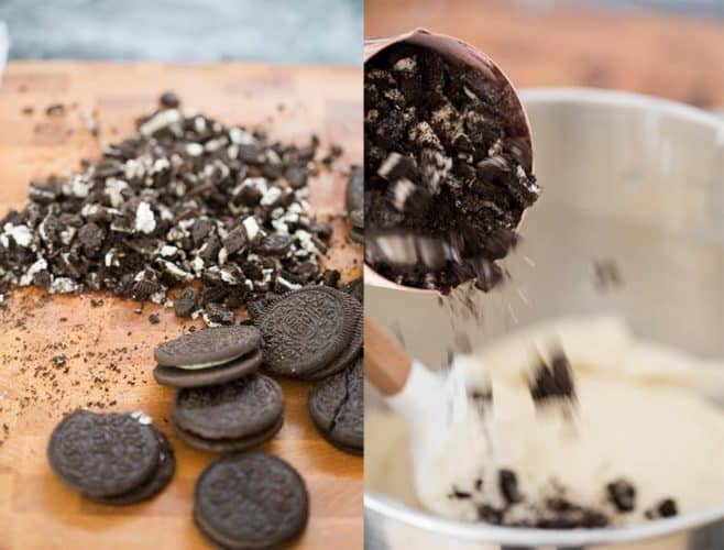 Two photos showing Oreo cookies being chopped and folding them into cake batter