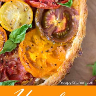 Pinterest graphic of an overhead view of a tomato tart.
