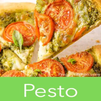 A pinterest graphic of a pesto pizza with fresh tomatoes