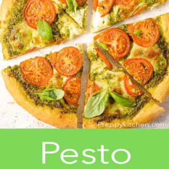 A pinterest graphic of a pesto pizza with fresh tomatoes