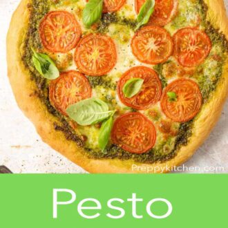 A pinterest graphic of a pesto pizza with fresh tomatoes