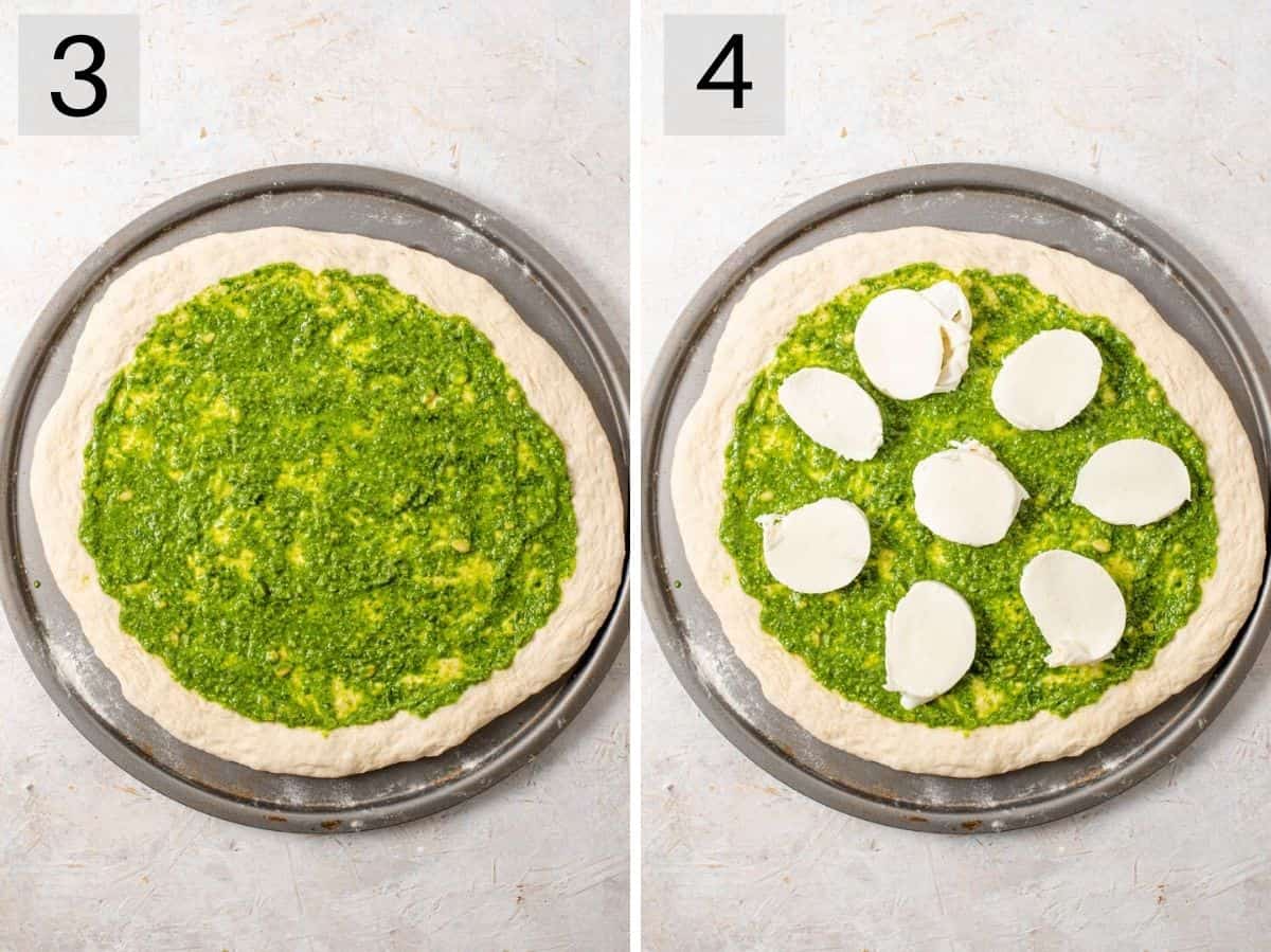 Two photos showing how to add pesto and mozzarella to a pizza