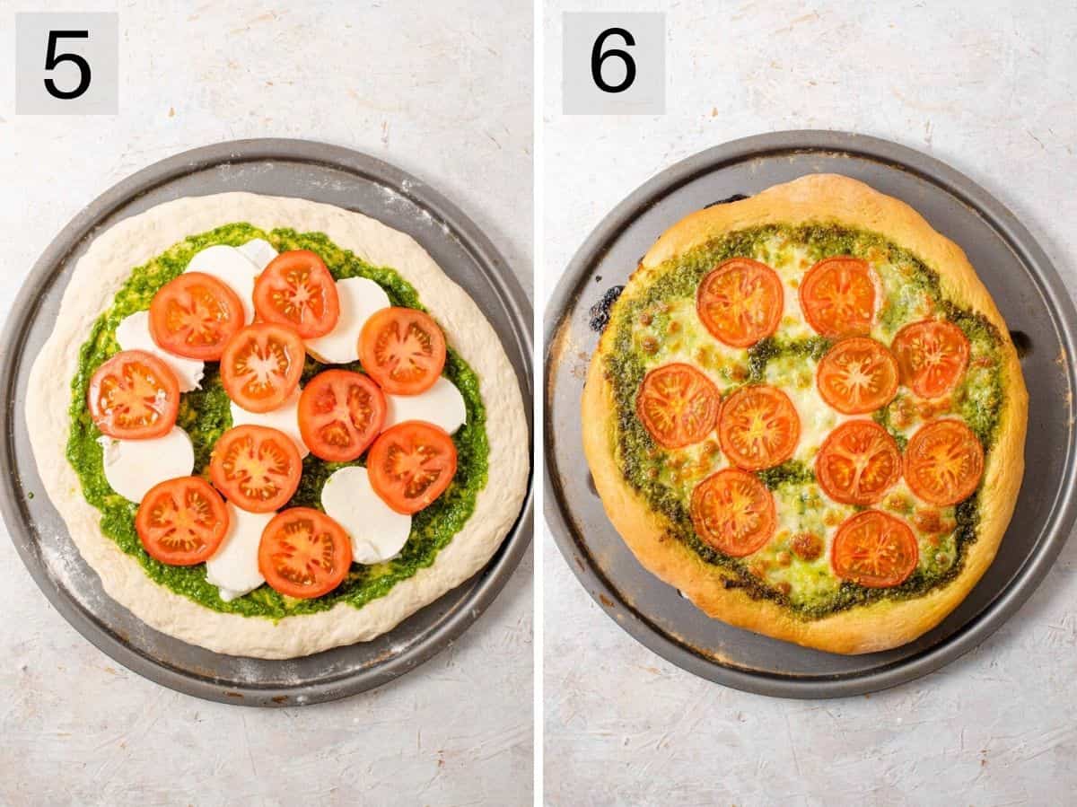 Two photos showing before and after a pesto pizza is baked