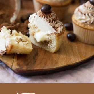 Pinterest graphic of tiramisu cupcakes with the one in the front cut in half to show the interior.