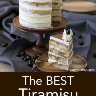 tiramisu layer cake on a stand