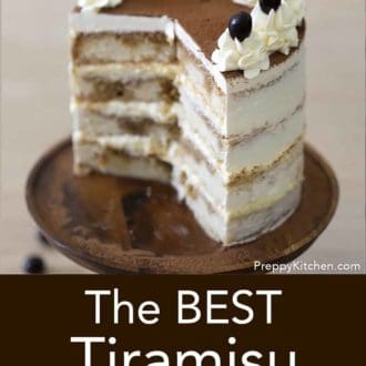 tiramisu layer cake on a stand