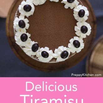 tiramisu layer cake on a stand