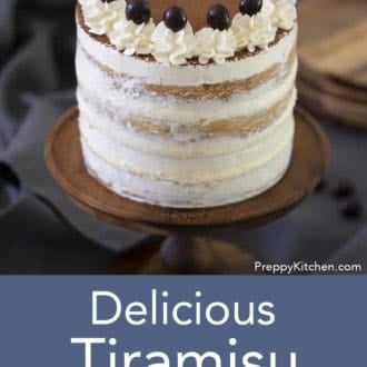 tiramisu layer cake on a stand